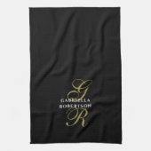 Black Monogram Gold White Name Minimalist Stylish Geschirrtuch (Vertikal)