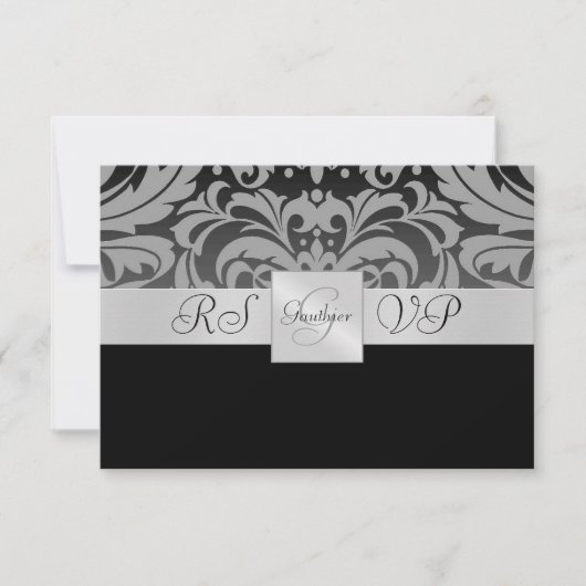 Black Monogram Half Damask UAWG Repitation RSVP Karte (Vorderseite)