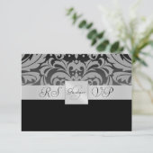 Black Monogram Half Damask UAWG Repitation RSVP Karte (Stehend Vorderseite)