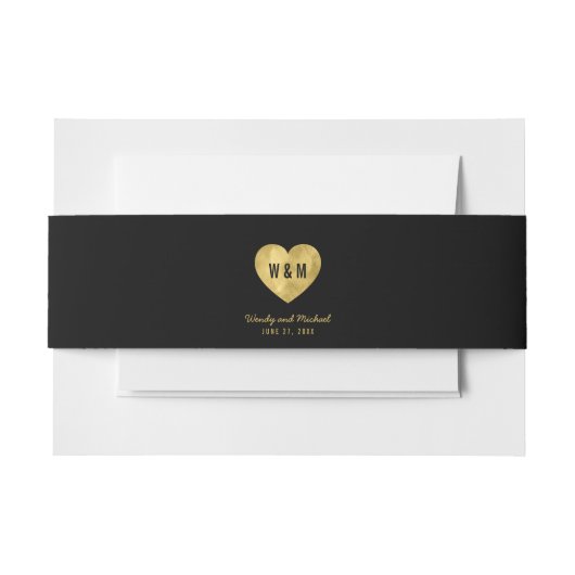 Black Monogram Imitate Gold Heart Wedding Einladungsbanderole (Vorderseite Beispiel)