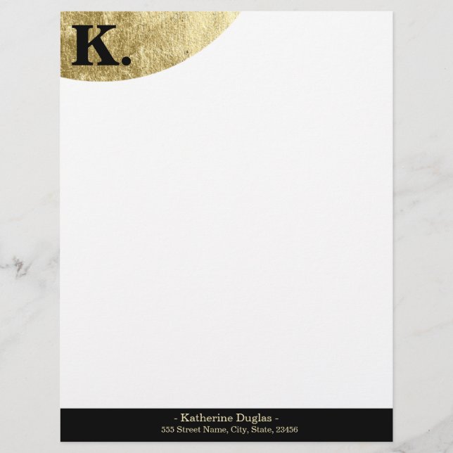  Black Monogram Initial on Gold Foil Luxury Briefbogen (Vorderseite)