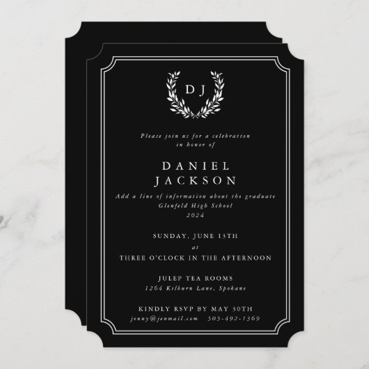 Black Monogram Laurel Wreath Abschluss Einladung (Vorne/Hinten)