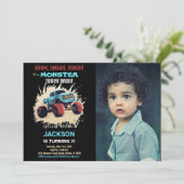 Black Monster Truck Birthday Einladungen mit Foto (Stehend Vorderseite)