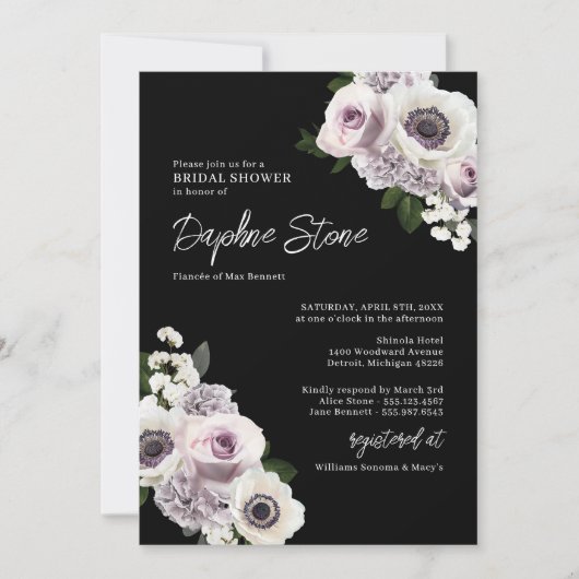 Black Moody Anemone und Brautparty für Lila Rose Einladung (Vorderseite)