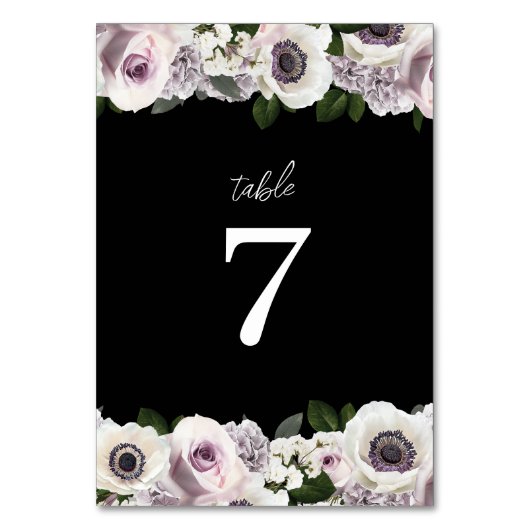Black Moody Anemone und Lila Brautparty Tischnummer (Vorderseite)
