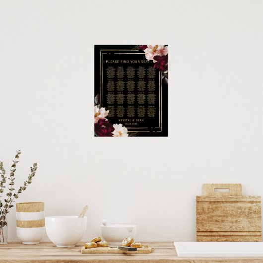Black Moody Burgundy Blush Bloral Wedding Seating Poster (Küche)