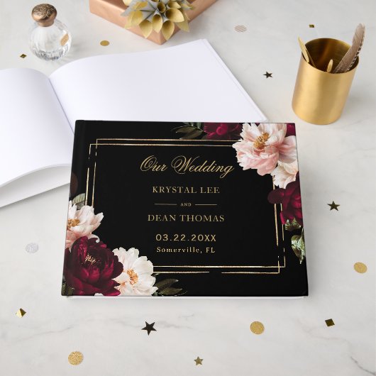 Black Moody Burgundy Blush Floral Wedding Seating  Gästebuch (Vorderseite Offen)