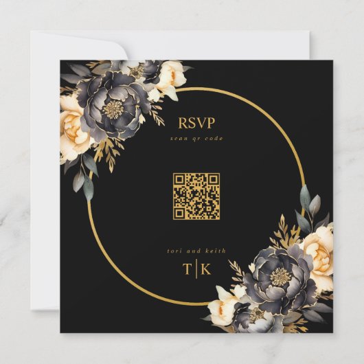 Black Moody Floral QR Code UAWG Wedding Einladung (Rückseite)
