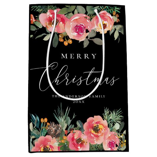 Black Moody Floral Weihnachten | Botanischer Urlau Mittlere Geschenktüte (Vorderseite)