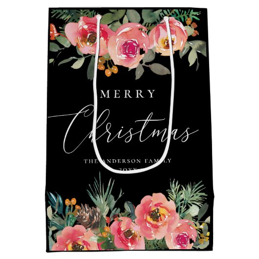 Black Moody Floral Weihnachten | Botanischer Urlau Mittlere Geschenktüte (Rückseite)