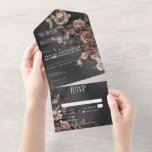 Black Moody Gothic Blume & Mist Dinner Custom All In One Einladung<br><div class="desc">MIT QR CODE ODER MIT ODER OHNE ABENDESOPTIONEN VERFÜGBAR. Entdecken Sie die Eleganz Ihrer gotischen Romantik mit unseren exquisiten Hochzeitseinladungen. Verziert mit feierlichen Sprays verblasster Blume vor einem weichen schwarzen Hintergrund, ist jede Einladung in einem zarten Schleier von Nebel umhüllt, der den perfekten Ton für Ihre zeitlose Liebe bildet. Machen...</div>
