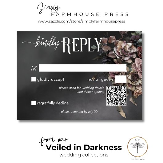 Black Moody Gothic Blume & Mist QR Code RSVP Karte