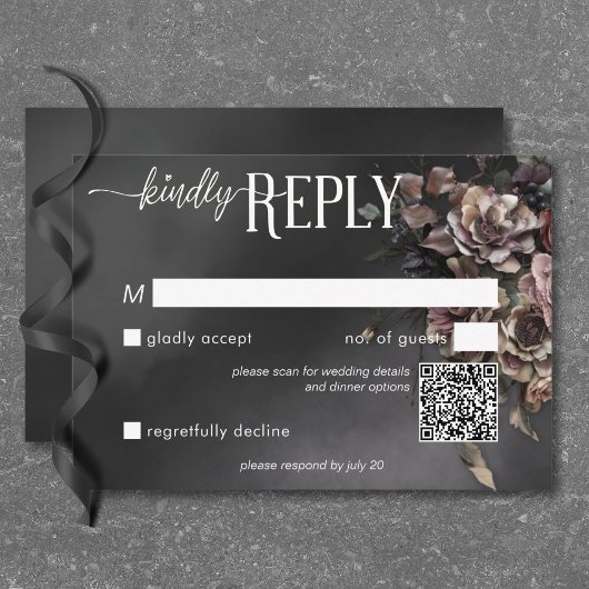 Black Moody Gothic Blume & Mist QR Code RSVP Karte