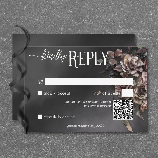 Black Moody Gothic Blume & Mist QR Code RSVP Karte