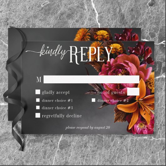 Black Moody Gothic Orange Lily Wedding Dinner RSVP Karte