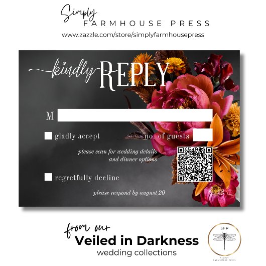Black Moody Gothic Orange Lily Wedding QR Code RSVP Karte