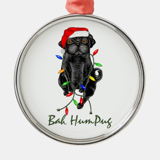 Black Mops Dog Bah Humpug Weihnachten Silbernes Ornament (Vorne)
