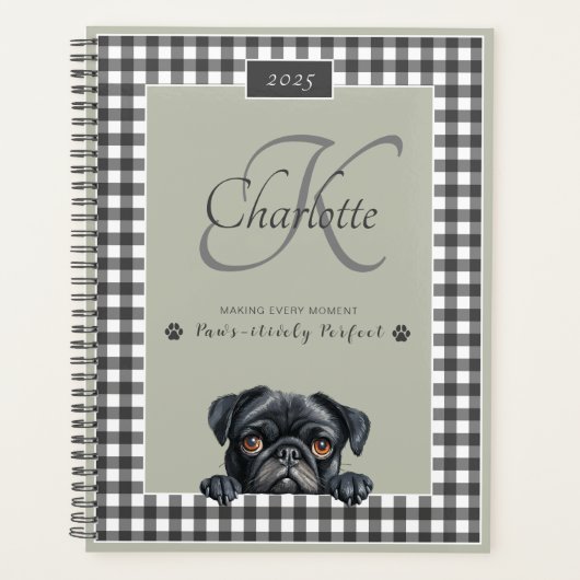 Black Mops Sage Green Gingham Individuelle Name Mo Planer (Vorderseite)