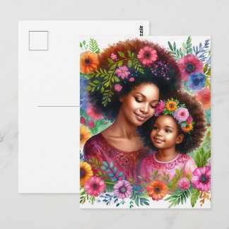 Black Mother and Daughter Floral Watercolor Postkarte