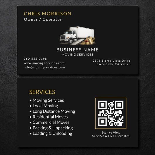 Black Moving Truck Services QR-Code Visitenkarte