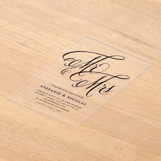 Black Mr. und Mrs. Rustic Calligraphy Wedding Acryleinladungen (Ablage )