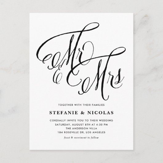 Black Mr. und Mrs. Rustic Script QR Code Wedding Einladungspostkarte (Vorderseite)