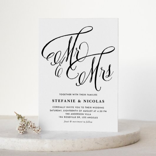 Black Mrs & Mrs. Rustic Script QR Code Wedding Einladung