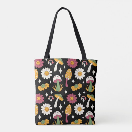 Black Mushroom, Rainbow and Daisises Pattern Tasche (Rückseite)