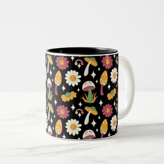 Black Mushroom, Rainbow and Daisises Pattern Zweifarbige Tasse (VorderseiteRechts)