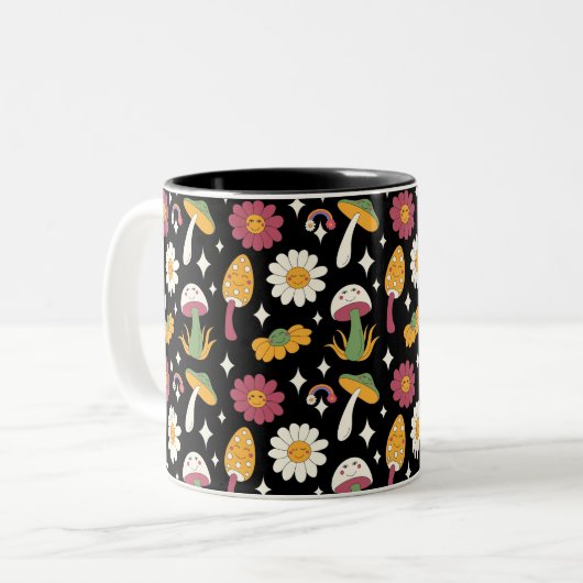 Black Mushroom, Rainbow and Daisises Pattern Zweifarbige Tasse (Vorderseite Links)