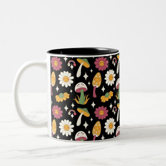 Black Mushroom, Rainbow and Daisises Pattern Zweifarbige Tasse (Links)