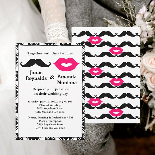 Black Mustache und Pink Lips Couple Wedite Einladu Einladung