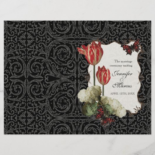 Black n Cream Red Tulip Damask - Hochzeitsprogramm (Vorderseite)