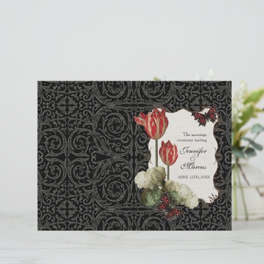 Black n Cream Red Tulip Damask - Hochzeitsprogramm (Stehend Vorderseite)