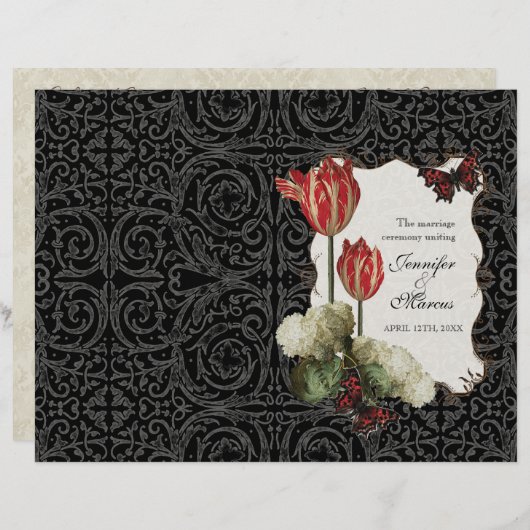 Black n Cream Red Tulip Damask - Hochzeitsprogramm (Vorne/Hinten)