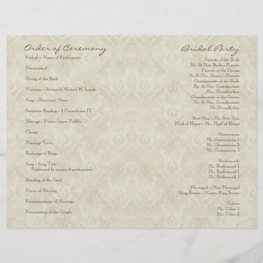 Black n Cream Red Tulip Damask - Hochzeitsprogramm (Rückseite)