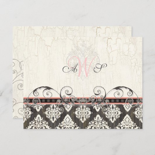 Black 'n White Damask (pink) UAWG Response Card RSVP Karte (Vorne/Hinten)