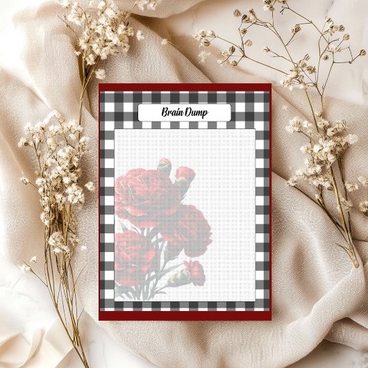 Black n White Floral Gingham_ Brain Dump Notizblock