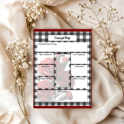 Black n White Floral Gingham_ Concept Map Notizblock