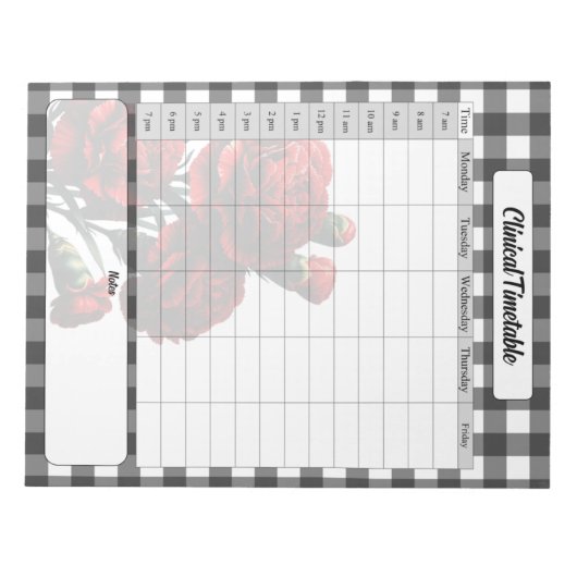 Black n White Floral Gingham _ Klinischer Zeitplan Notizblock (Vorderseite)