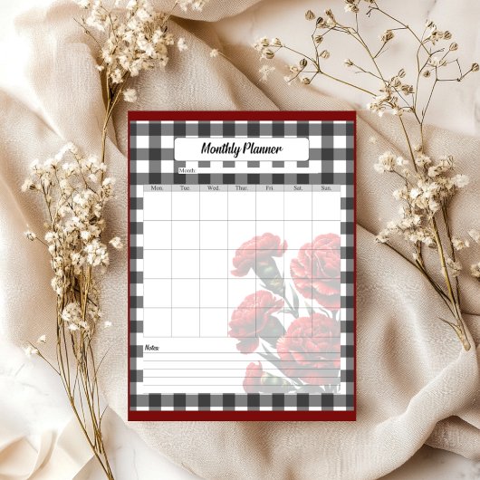Black n White Floral Gingham _ Monatsplaner Notizblock