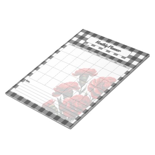 Black n White Floral Gingham _ Monatsplaner Notizblock (angewinkelt)