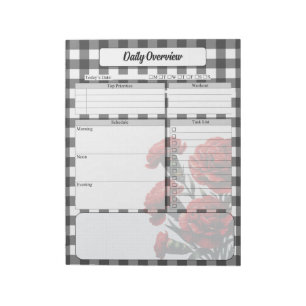Black n White Floral Gingham _ Täglicher Überblick Notizblock