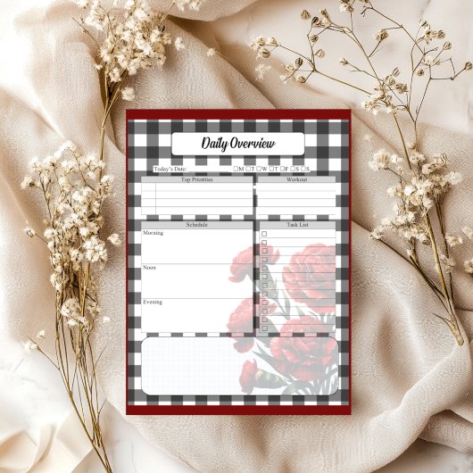 Black n White Floral Gingham _ Täglicher Überblick Notizblock