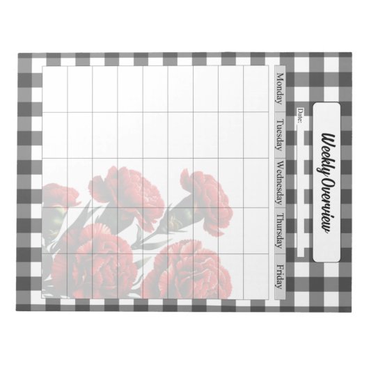 Black n White Floral Gingham_ Wochenübersicht Notizblock (Vorderseite)