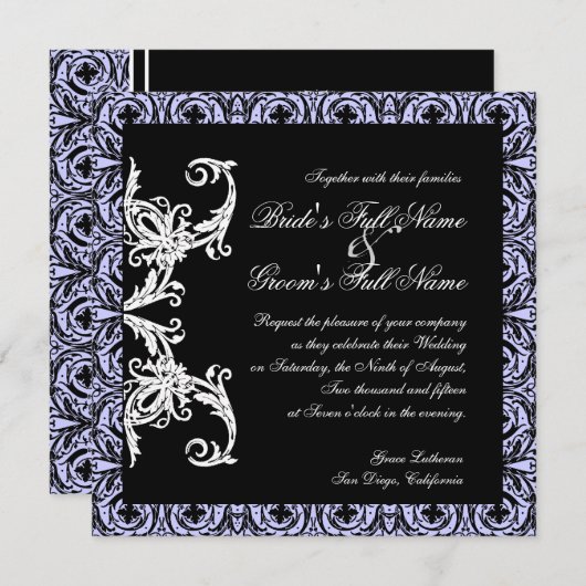 Black n White Lavender Circle Damask Wedding Einladung (Vorne/Hinten)