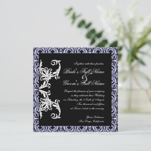 Black n White Lavender Circle Damask Wedding Einladung (Stehend Vorderseite)