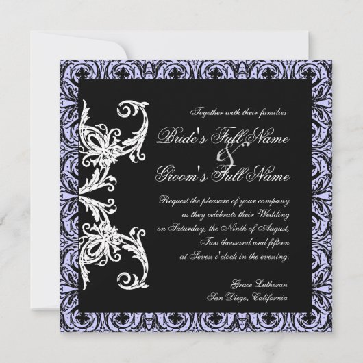 Black n White Lavender Circle Damask Wedding Einladung (Vorderseite)