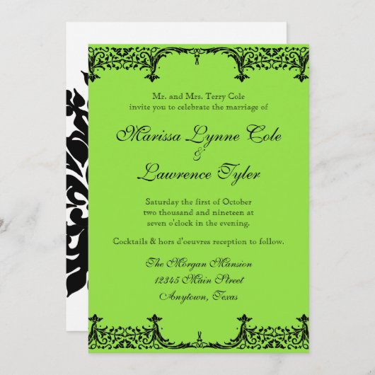 Black n White Lilie Damask Wedding Einladung (Vorne/Hinten)