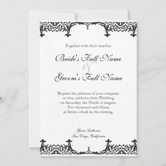 Black n White Lilie Damask Wedding Einladung (Vorderseite)